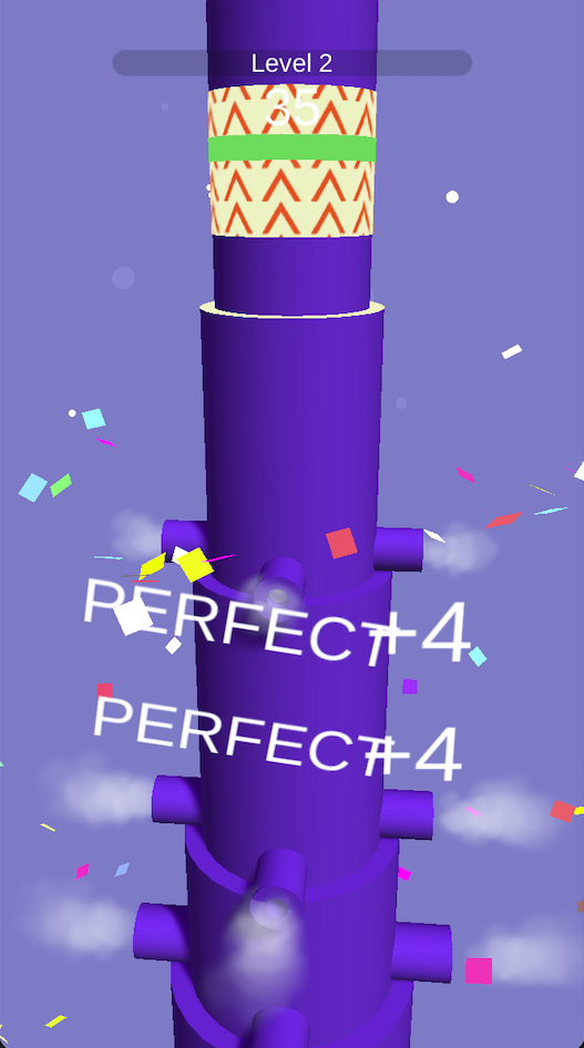 Level 2 shows cylindrical tower sections, confetti and PERFECT+4 feedback. Use the tube rim as a visual landmark when comparing the timing of your next attempt.