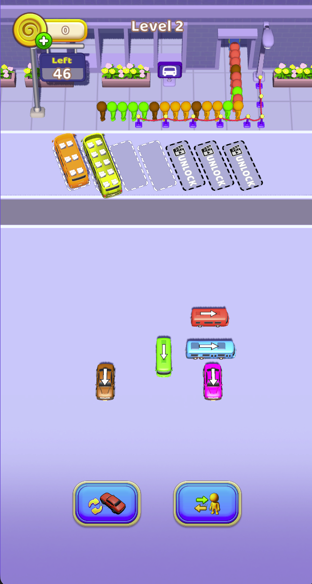 Level 2 shows Left 46, a colored passenger queue, parked vans and directional vehicles below. Trace a clear exit before relying on a matching color.