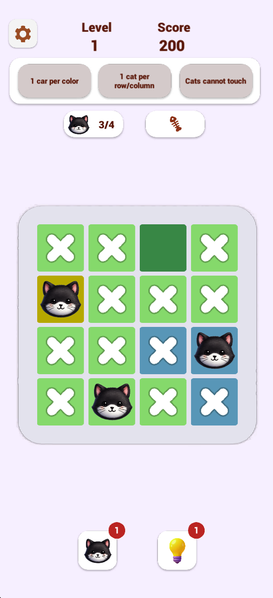 At 3/4 cats, white X marks show excluded cells. The remaining placement must also avoid diagonal contact with the confirmed cats.
