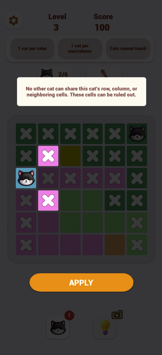 The Level 3 hint explicitly excludes the selected cat’s row, column and neighboring cells. APPLY accepts this hint; it is separate from choosing a new cat position.