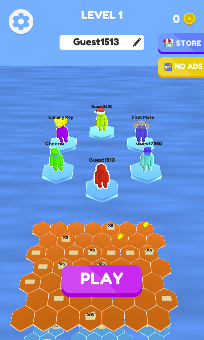 The lobby has PLAY, a guest-name field, STORE and NO ADS. Select PLAY to enter the platform arena; STORE opens a separate menu.