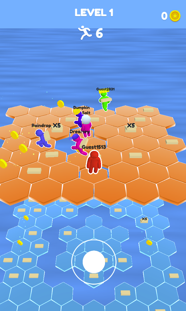 The active arena shows an on-screen joystick and orange tiles above a blue layer. Inspect the next usable tile and the space below before crossing an edge.