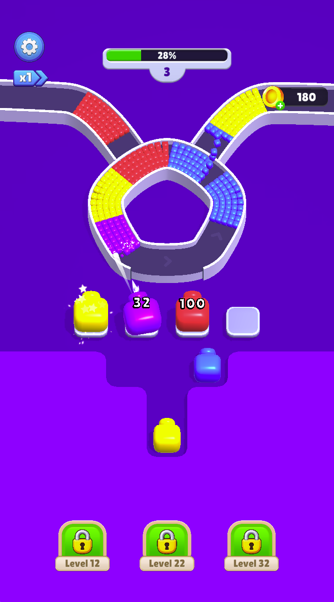 Level 3 shows 28% progress, colored shooters in the upper row and one empty slot. Compare waiting colors with the next visible track segments before filling the gap.