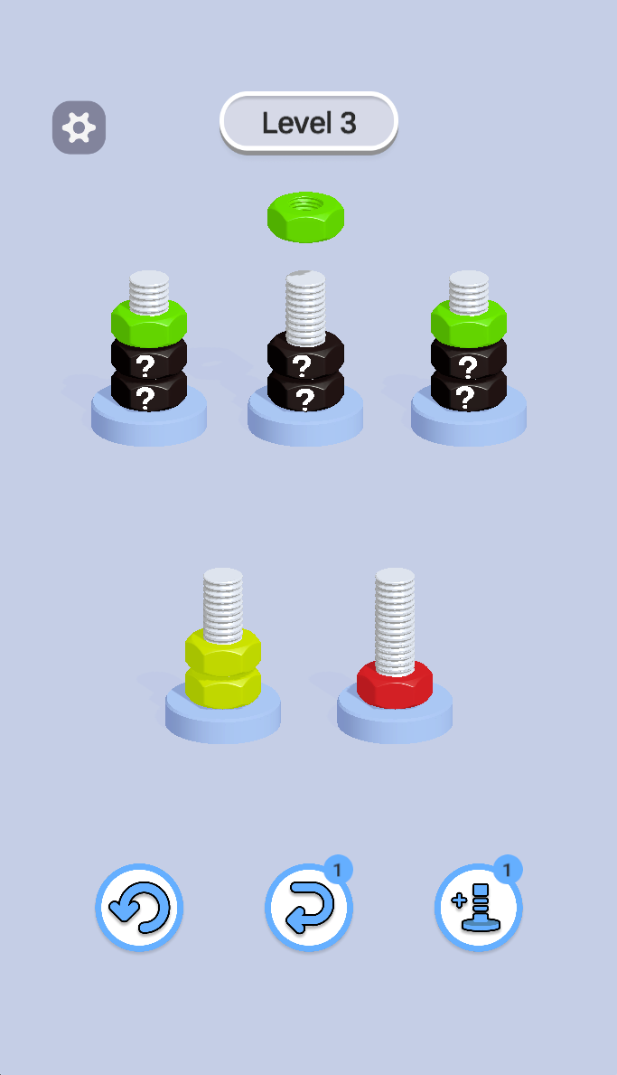 A green nut is lifted above the board and the lower bolts now hold yellow and red. Newly exposed colors should inform the next sorting decision.
