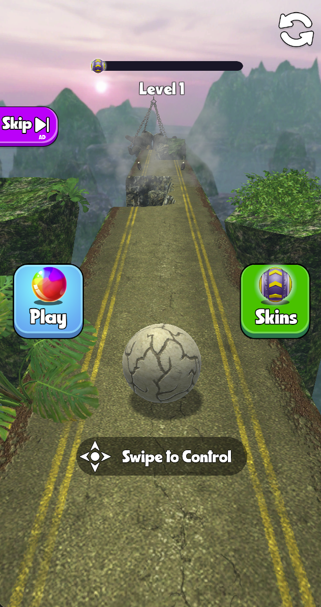The mountain course shows Swipe to Control over a narrow path. It is visually distinct from the flat number-ball track.